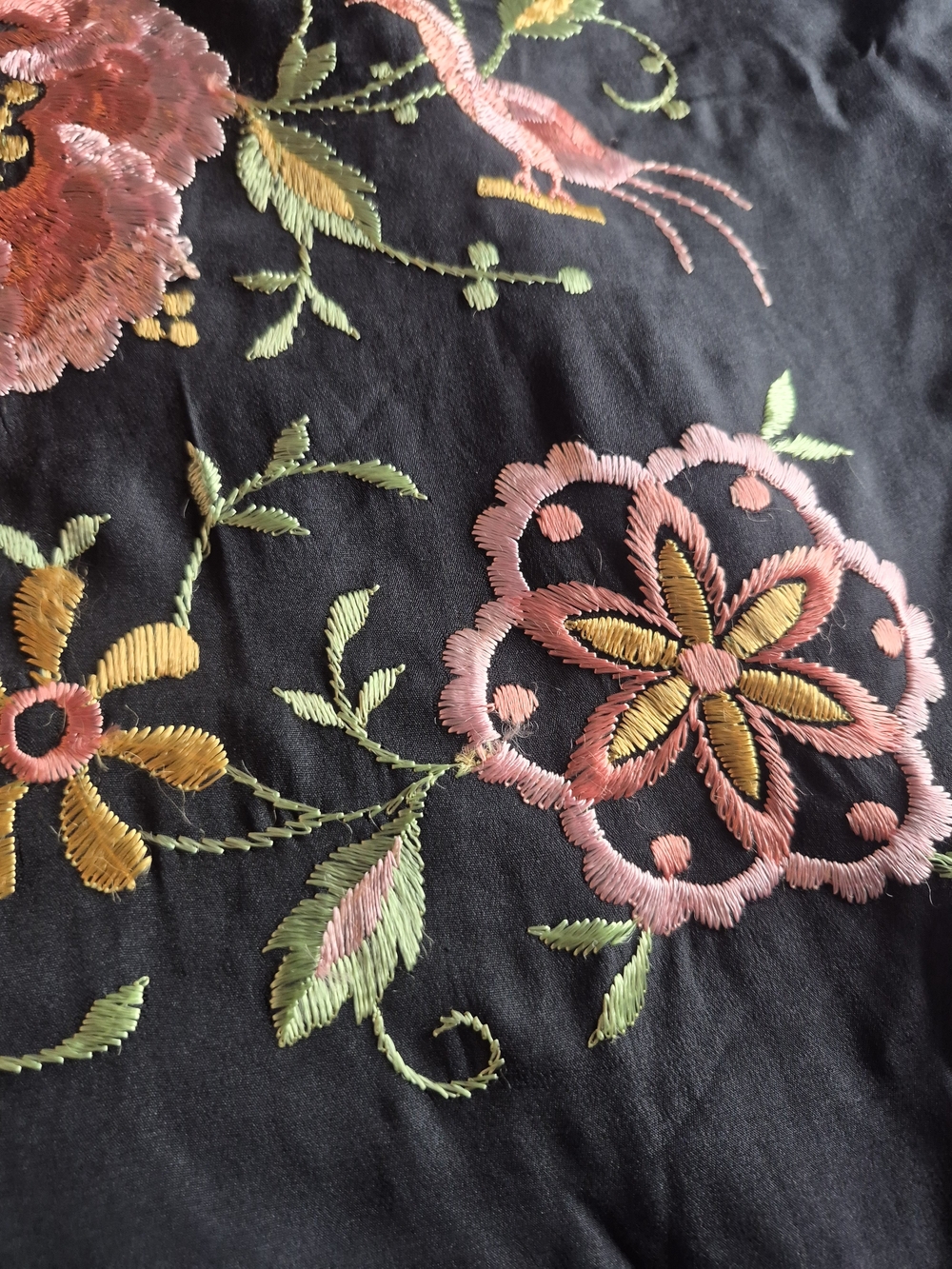 Large Black Floral Embroidered Fringe Silk Piano Shawl 4x4 - Picture 13 of 15